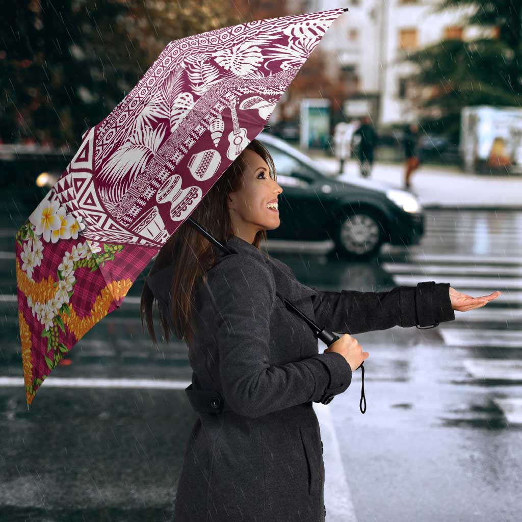 Hawaiian Plumeria Lei Umbrella Kakau Motifs and Palaka Half Style Pink Color - Polynesian Pride