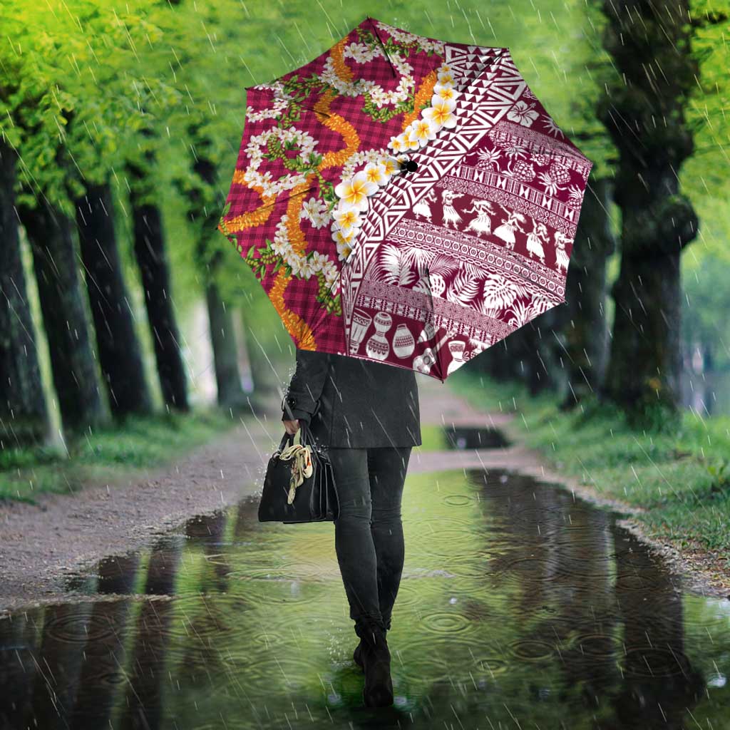 Hawaiian Plumeria Lei Umbrella Kakau Motifs and Palaka Half Style Pink Color - Polynesian Pride