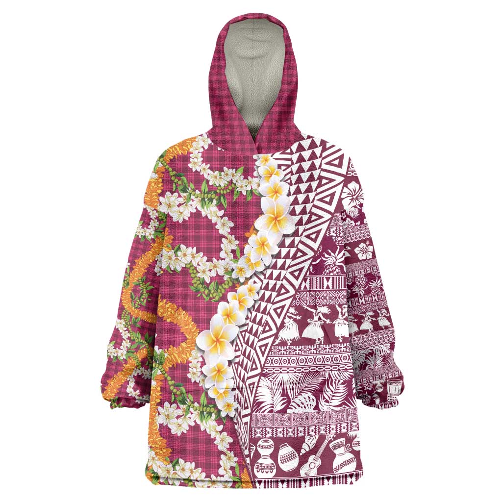 Hawaiian Plumeria Lei Wearable Blanket Hoodie Kakau Motifs and Palaka Half Style Pink Color - Polynesian Pride