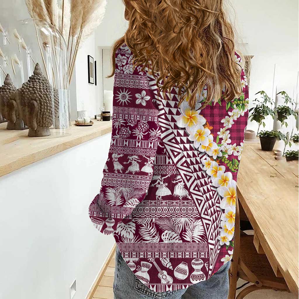 Hawaiian Plumeria Lei Women Casual Shirt Kakau Motifs and Palaka Half Style Pink Color - Polynesian Pride
