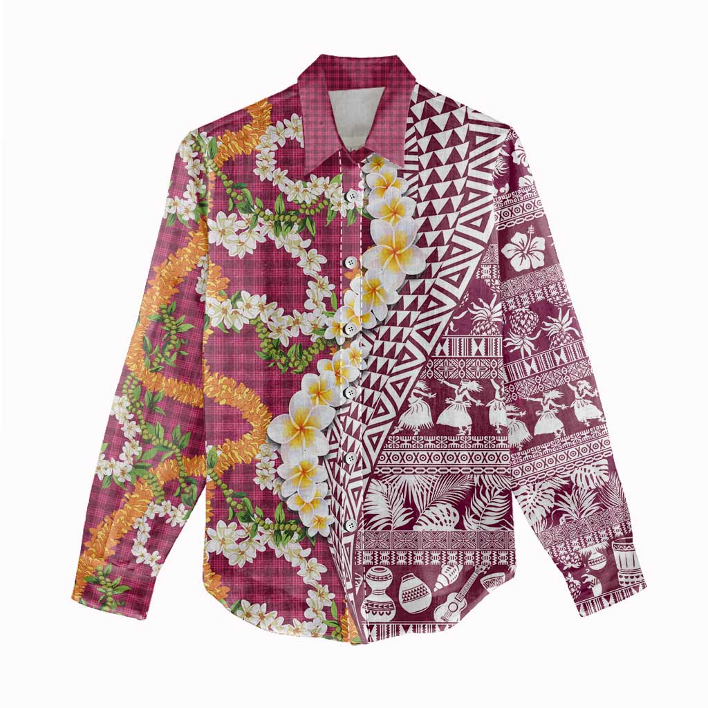 Hawaiian Plumeria Lei Women Casual Shirt Kakau Motifs and Palaka Half Style Pink Color - Polynesian Pride