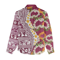 Hawaiian Plumeria Lei Women Casual Shirt Kakau Motifs and Palaka Half Style Pink Color - Polynesian Pride