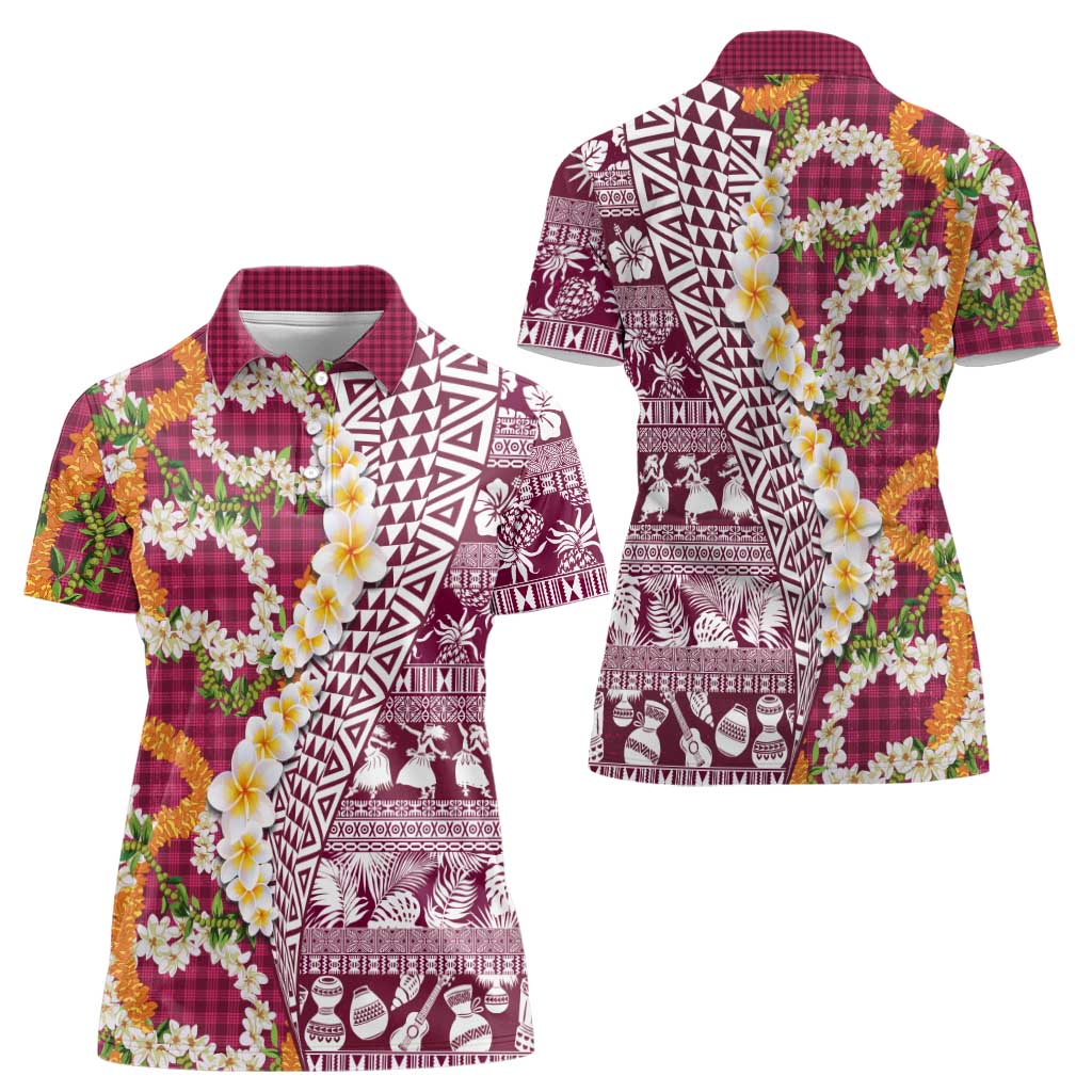 Hawaiian Plumeria Lei Women Polo Shirt Kakau Motifs and Palaka Half Style Pink Color - Polynesian Pride