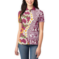 Hawaiian Plumeria Lei Women Polo Shirt Kakau Motifs and Palaka Half Style Pink Color - Polynesian Pride
