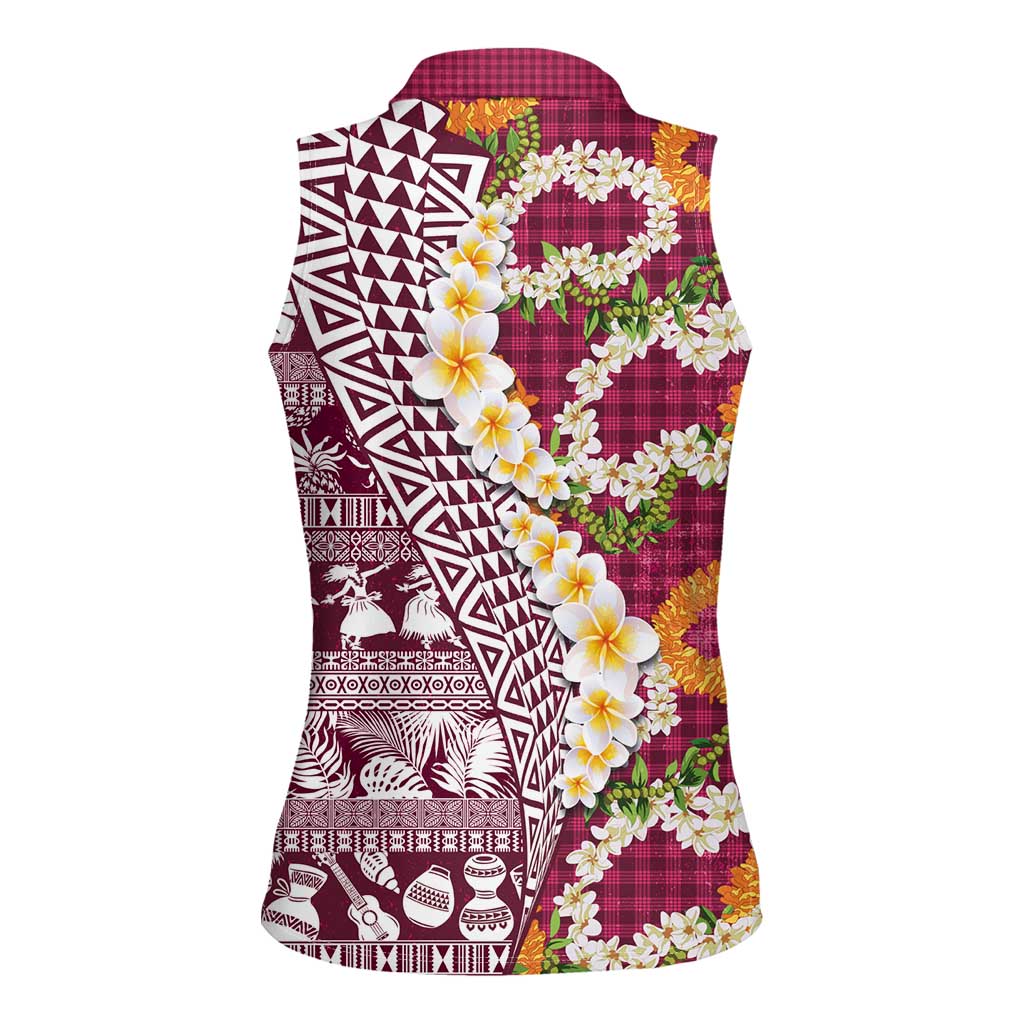 Hawaiian Plumeria Lei Women Sleeveless Polo Shirt Kakau Motifs and Palaka Half Style Pink Color - Polynesian Pride