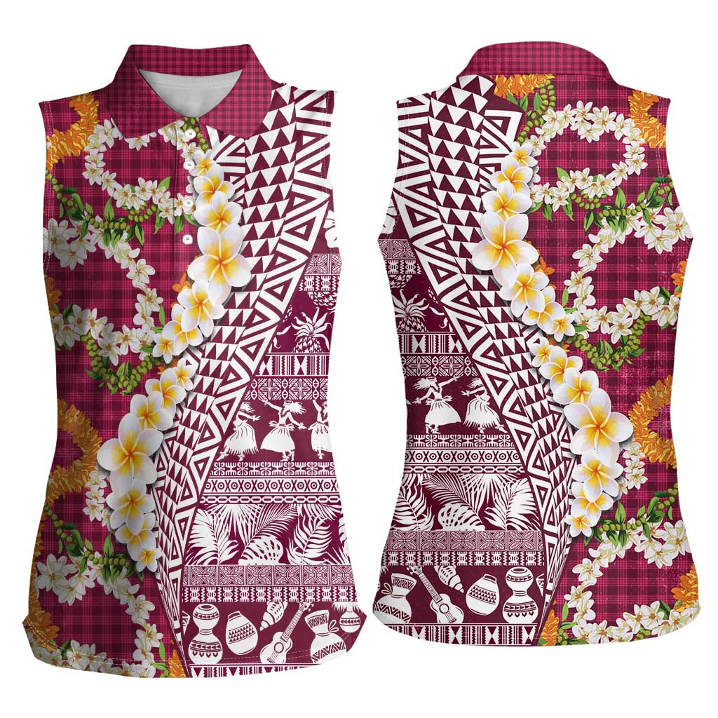 Hawaiian Plumeria Lei Women Sleeveless Polo Shirt Kakau Motifs and Palaka Half Style Pink Color - Polynesian Pride