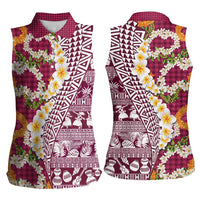Hawaiian Plumeria Lei Women Sleeveless Polo Shirt Kakau Motifs and Palaka Half Style Pink Color - Polynesian Pride