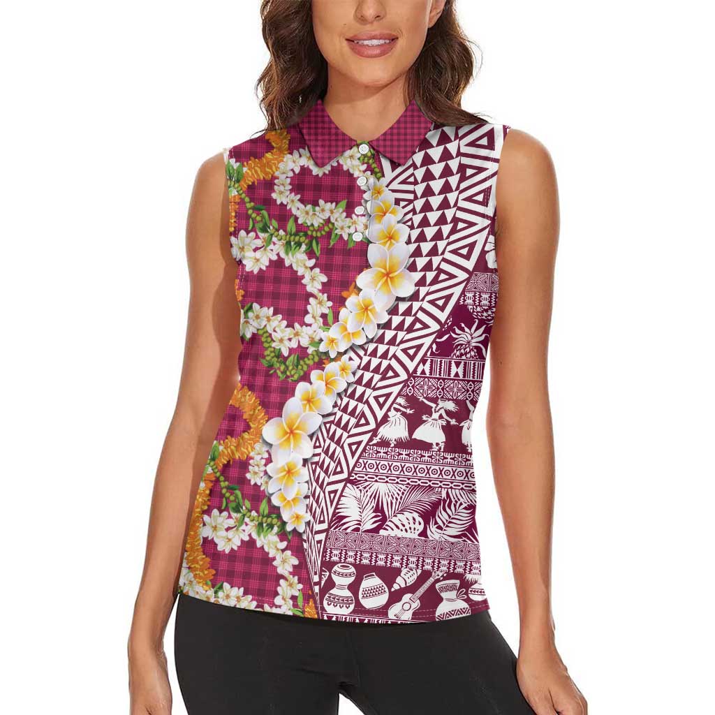 Hawaiian Plumeria Lei Women Sleeveless Polo Shirt Kakau Motifs and Palaka Half Style Pink Color - Polynesian Pride