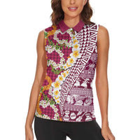 Hawaiian Plumeria Lei Women Sleeveless Polo Shirt Kakau Motifs and Palaka Half Style Pink Color - Polynesian Pride