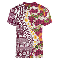 Hawaiian Plumeria Lei Women V-Neck T-Shirt Kakau Motifs and Palaka Half Style Pink Color - Polynesian Pride