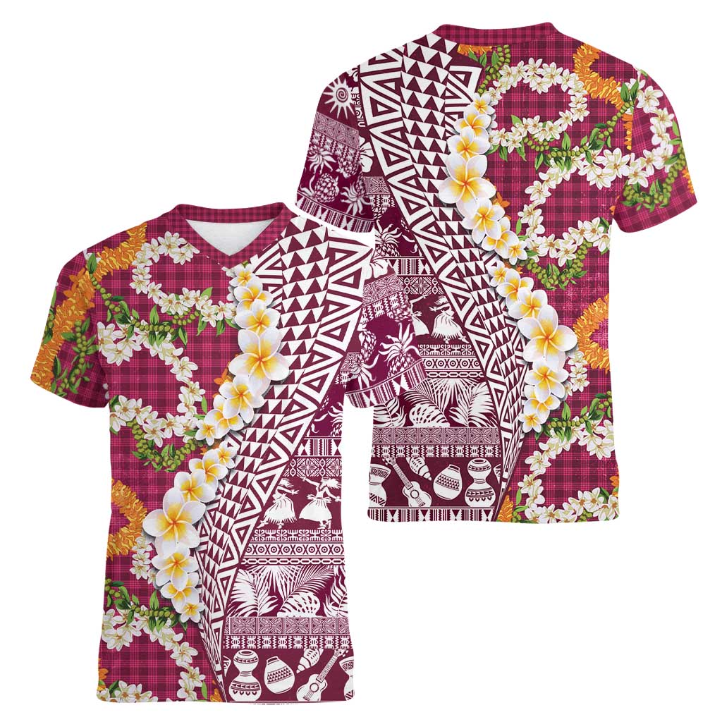 Hawaiian Plumeria Lei Women V-Neck T-Shirt Kakau Motifs and Palaka Half Style Pink Color - Polynesian Pride