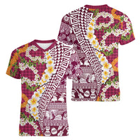 Hawaiian Plumeria Lei Women V-Neck T-Shirt Kakau Motifs and Palaka Half Style Pink Color - Polynesian Pride