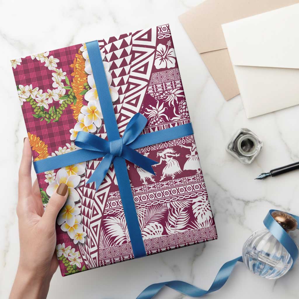 Hawaiian Plumeria Lei Wrapping Paper Kakau Motifs and Palaka Half Style Pink Color - Polynesian Pride