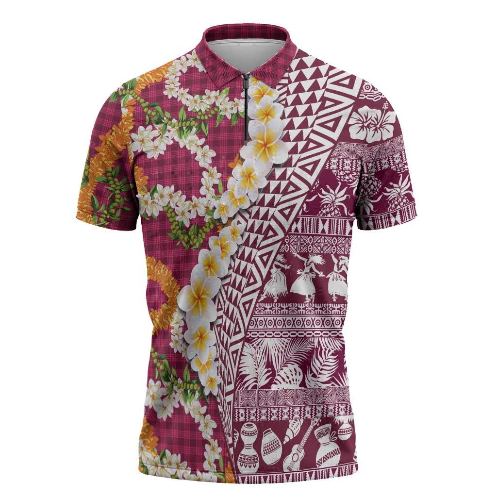 Hawaiian Plumeria Lei Zipper Polo Shirt Kakau Motifs and Palaka Half Style Pink Color - Polynesian Pride