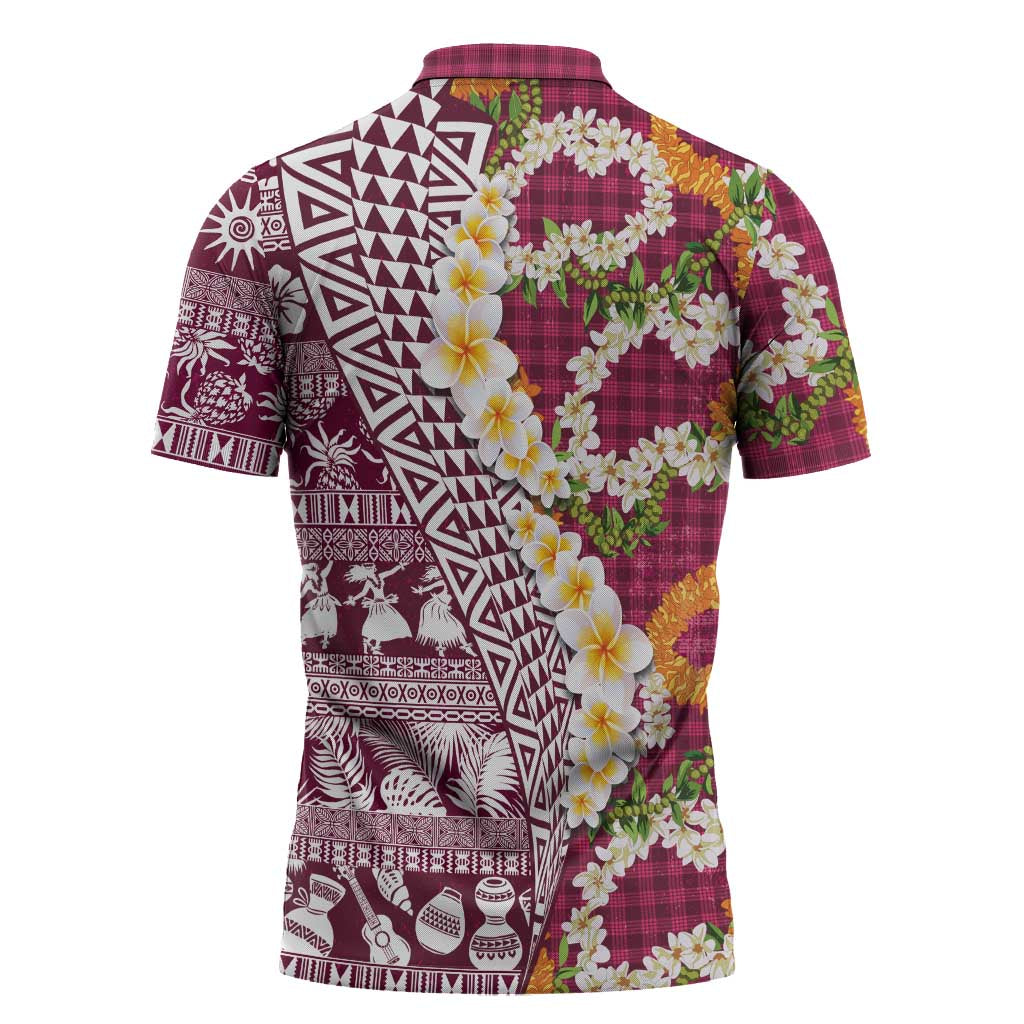 Hawaiian Plumeria Lei Zipper Polo Shirt Kakau Motifs and Palaka Half Style Pink Color - Polynesian Pride