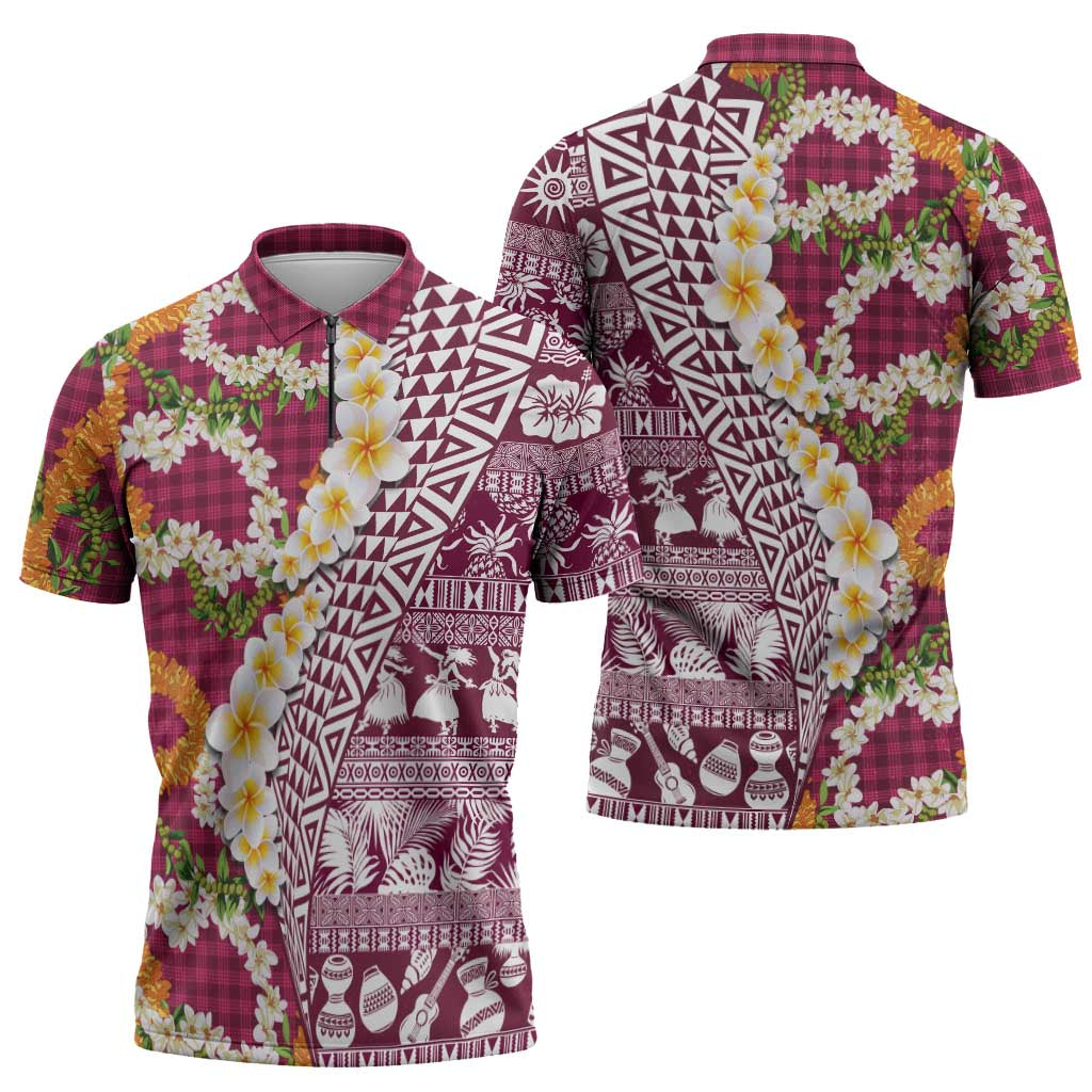 Hawaiian Plumeria Lei Zipper Polo Shirt Kakau Motifs and Palaka Half Style Pink Color - Polynesian Pride