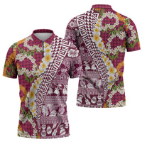 Hawaiian Plumeria Lei Zipper Polo Shirt Kakau Motifs and Palaka Half Style Pink Color - Polynesian Pride