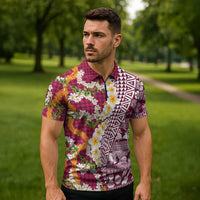 Hawaiian Plumeria Lei Zipper Polo Shirt Kakau Motifs and Palaka Half Style Pink Color - Polynesian Pride