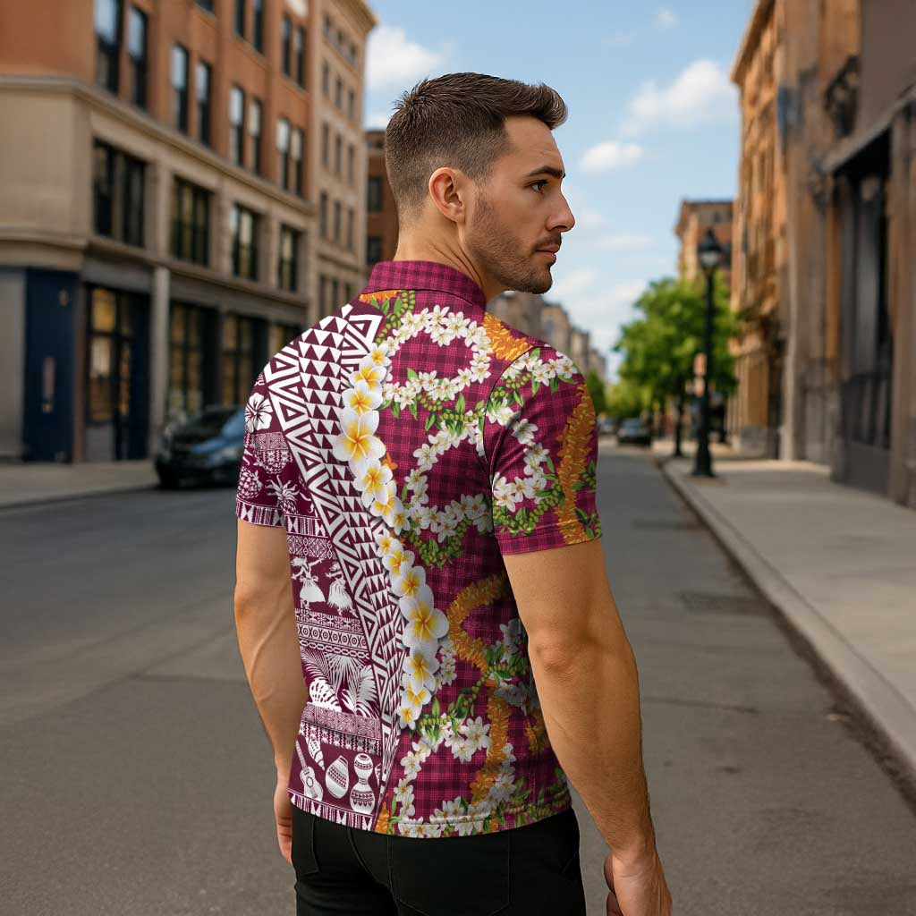 Hawaiian Plumeria Lei Zipper Polo Shirt Kakau Motifs and Palaka Half Style Pink Color - Polynesian Pride