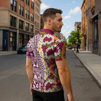Hawaiian Plumeria Lei Zipper Polo Shirt Kakau Motifs and Palaka Half Style Pink Color - Polynesian Pride