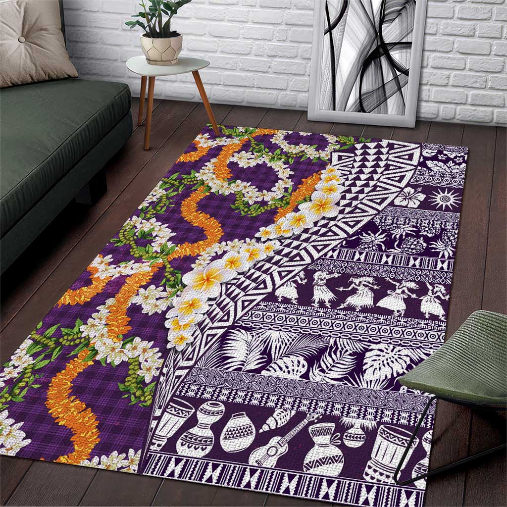 Hawaiian Plumeria Lei Area Rug Kakau Motifs and Palaka Half Style Purple Color LT03 Purple - Polynesian Pride
