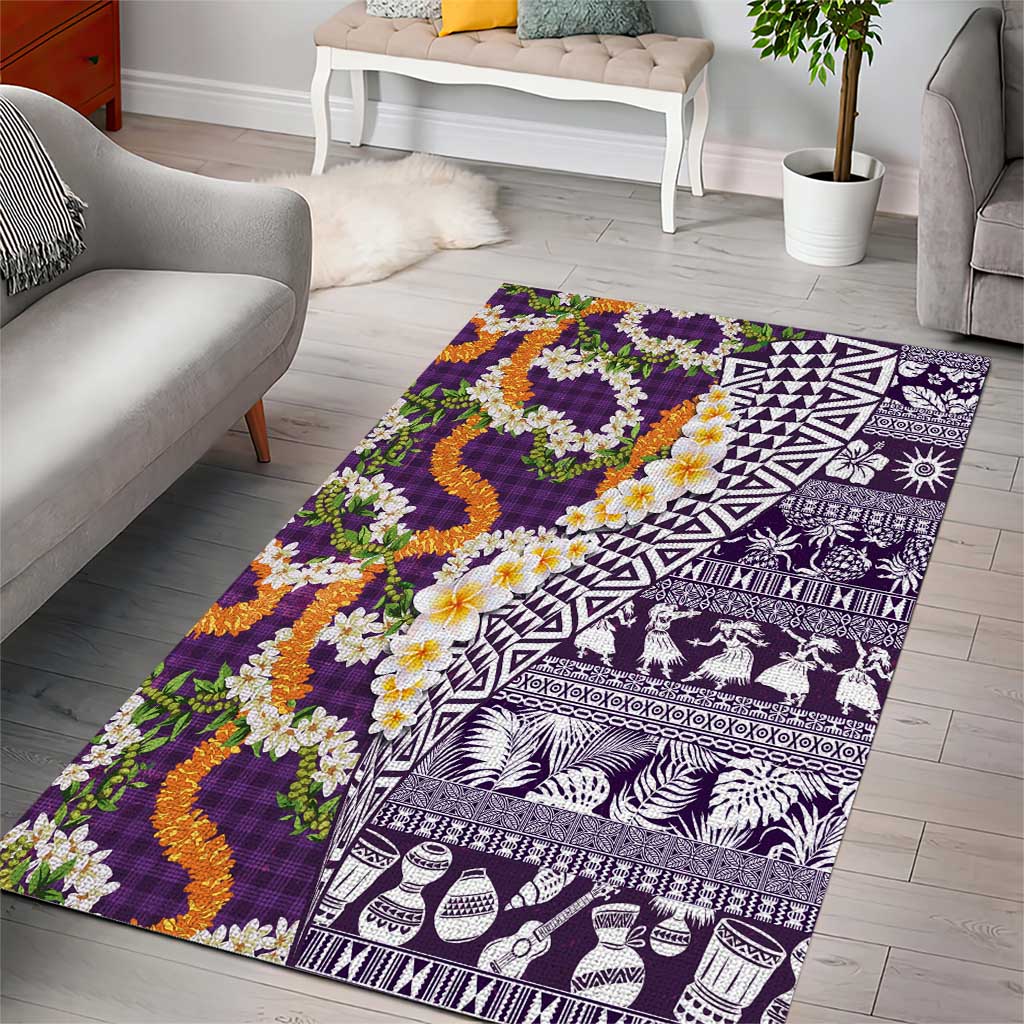 Hawaiian Plumeria Lei Area Rug Kakau Motifs and Palaka Half Style Purple Color LT03 - Polynesian Pride