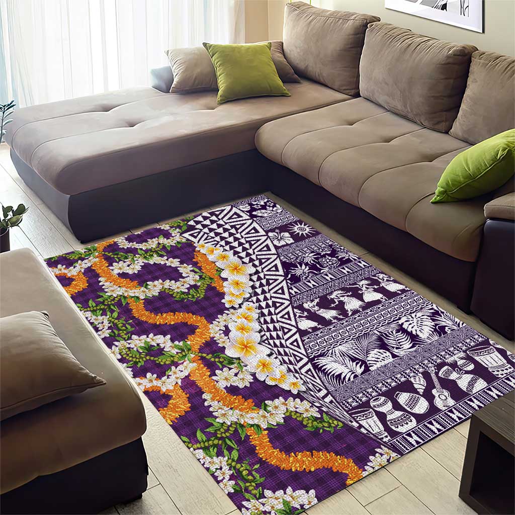 Hawaiian Plumeria Lei Area Rug Kakau Motifs and Palaka Half Style Purple Color LT03 - Polynesian Pride