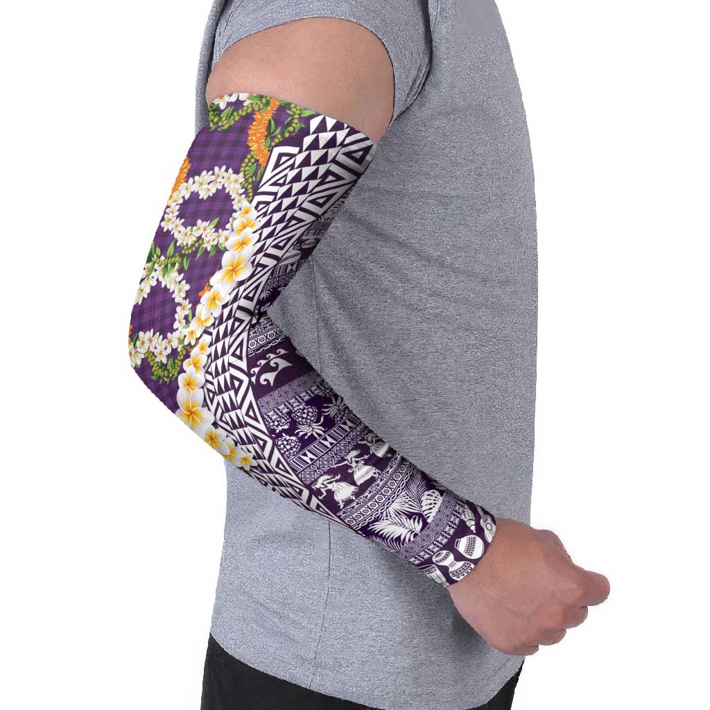 Hawaiian Plumeria Lei Arm Sleeves Kakau Motifs and Palaka Half Style Purple Color LT03 - Polynesian Pride