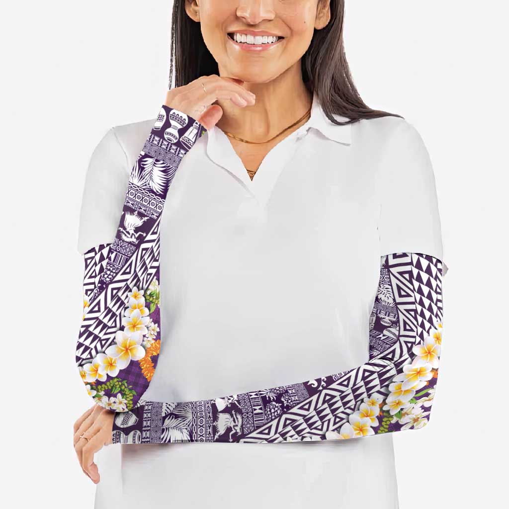 Hawaiian Plumeria Lei Arm Sleeves Kakau Motifs and Palaka Half Style Purple Color LT03 - Polynesian Pride