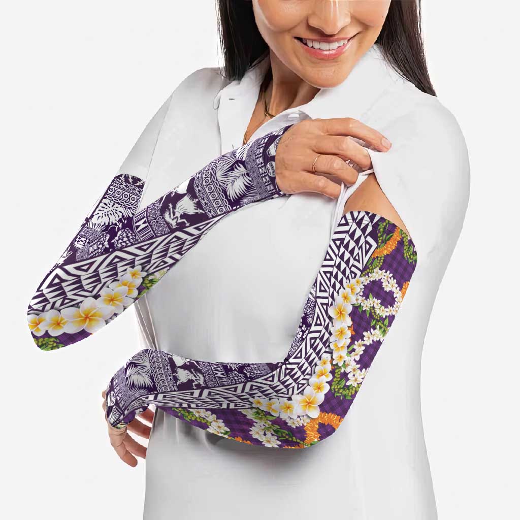 Hawaiian Plumeria Lei Arm Sleeves Kakau Motifs and Palaka Half Style Purple Color LT03 - Polynesian Pride