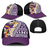 Hawaiian Plumeria Lei Baseball Net Cap Kakau Motifs and Palaka Half Style Purple Color - Polynesian Pride