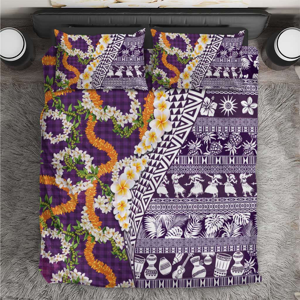 Hawaiian Plumeria Lei Bedding Set Kakau Motifs and Palaka Half Style Purple Color LT03 Purple - Polynesian Pride