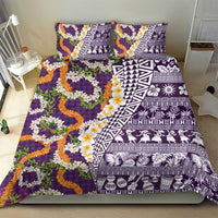 Hawaiian Plumeria Lei Bedding Set Kakau Motifs and Palaka Half Style Purple Color LT03 - Polynesian Pride
