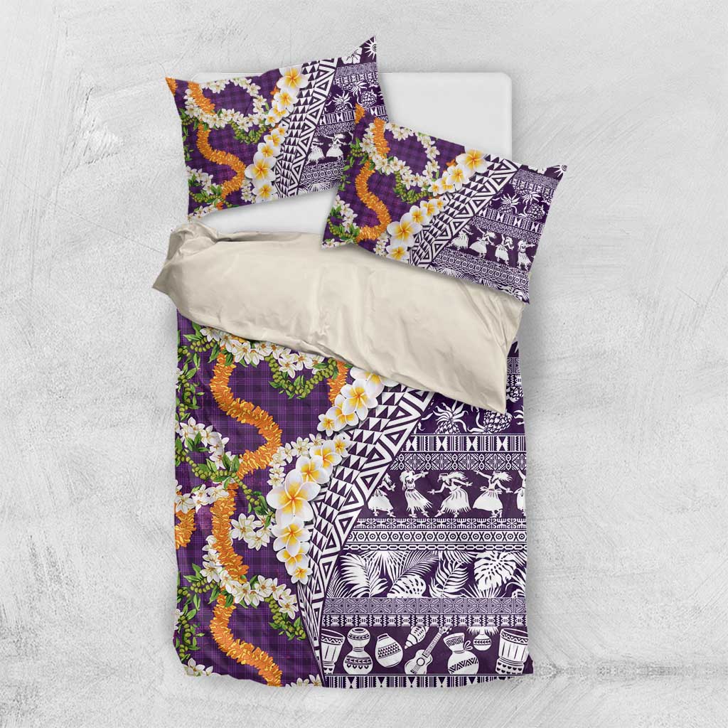 Hawaiian Plumeria Lei Bedding Set Kakau Motifs and Palaka Half Style Purple Color LT03 US Twin 172cm x 218cm Purple - Polynesian Pride