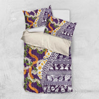 Hawaiian Plumeria Lei Bedding Set Kakau Motifs and Palaka Half Style Purple Color LT03 US Twin 172cm x 218cm Purple - Polynesian Pride