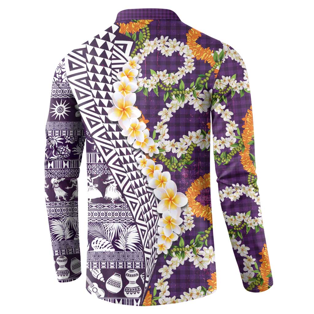 Hawaiian Plumeria Lei Button Sweatshirt Kakau Motifs and Palaka Half Style Purple Color LT03 - Polynesian Pride