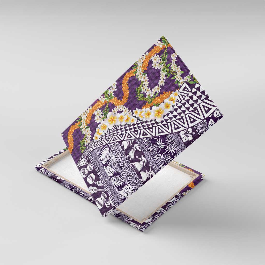 Hawaiian Plumeria Lei Canvas Wall Art Kakau Motifs and Palaka Half Style Purple Color LT03 With Frame Purple - Polynesian Pride