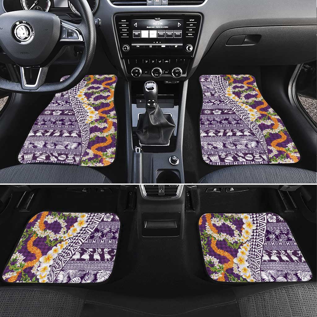 Hawaiian Plumeria Lei Car Mats Kakau Motifs and Palaka Half Style Purple Color LT03 Set 4pcs Purple - Polynesian Pride