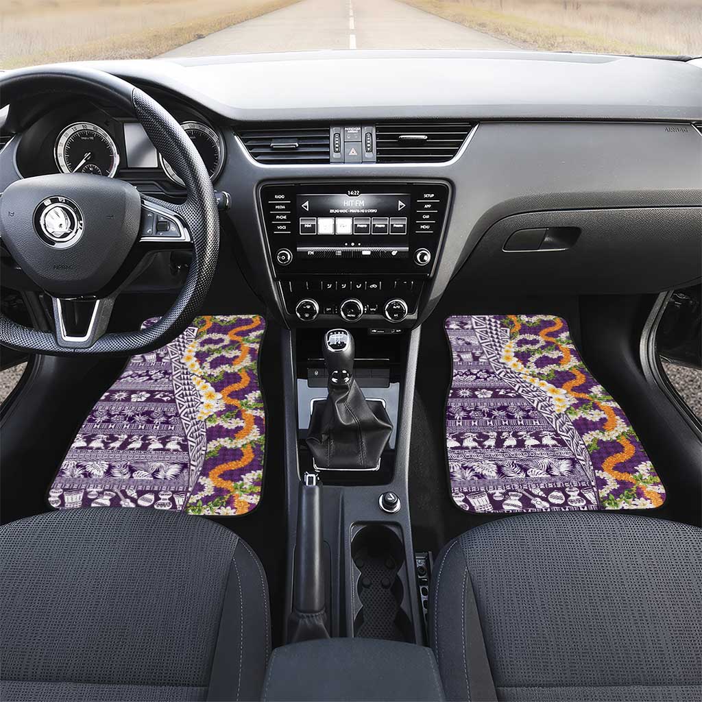 Hawaiian Plumeria Lei Car Mats Kakau Motifs and Palaka Half Style Purple Color LT03 Set 2pcs - Front Purple - Polynesian Pride