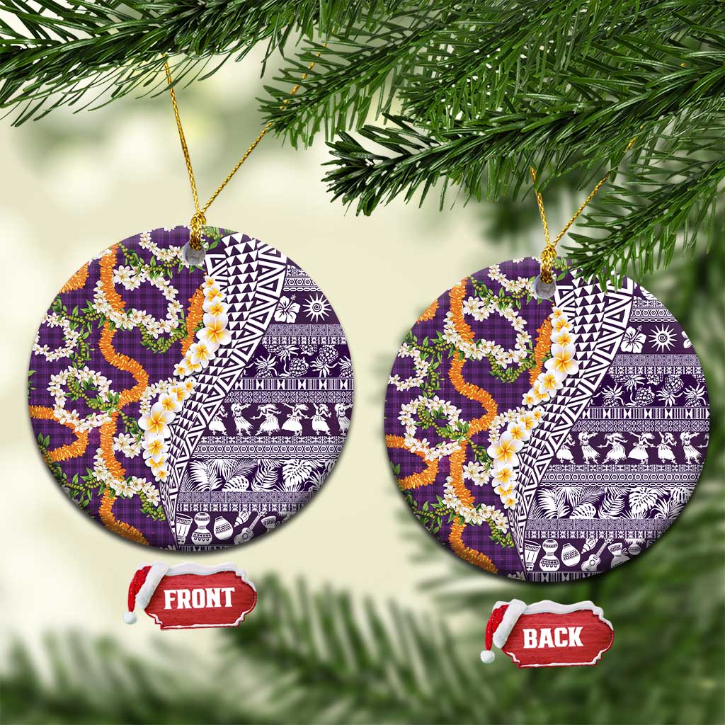 Hawaiian Plumeria Lei Ceramic Ornament Kakau Motifs and Palaka Half Style Purple Color - Polynesian Pride