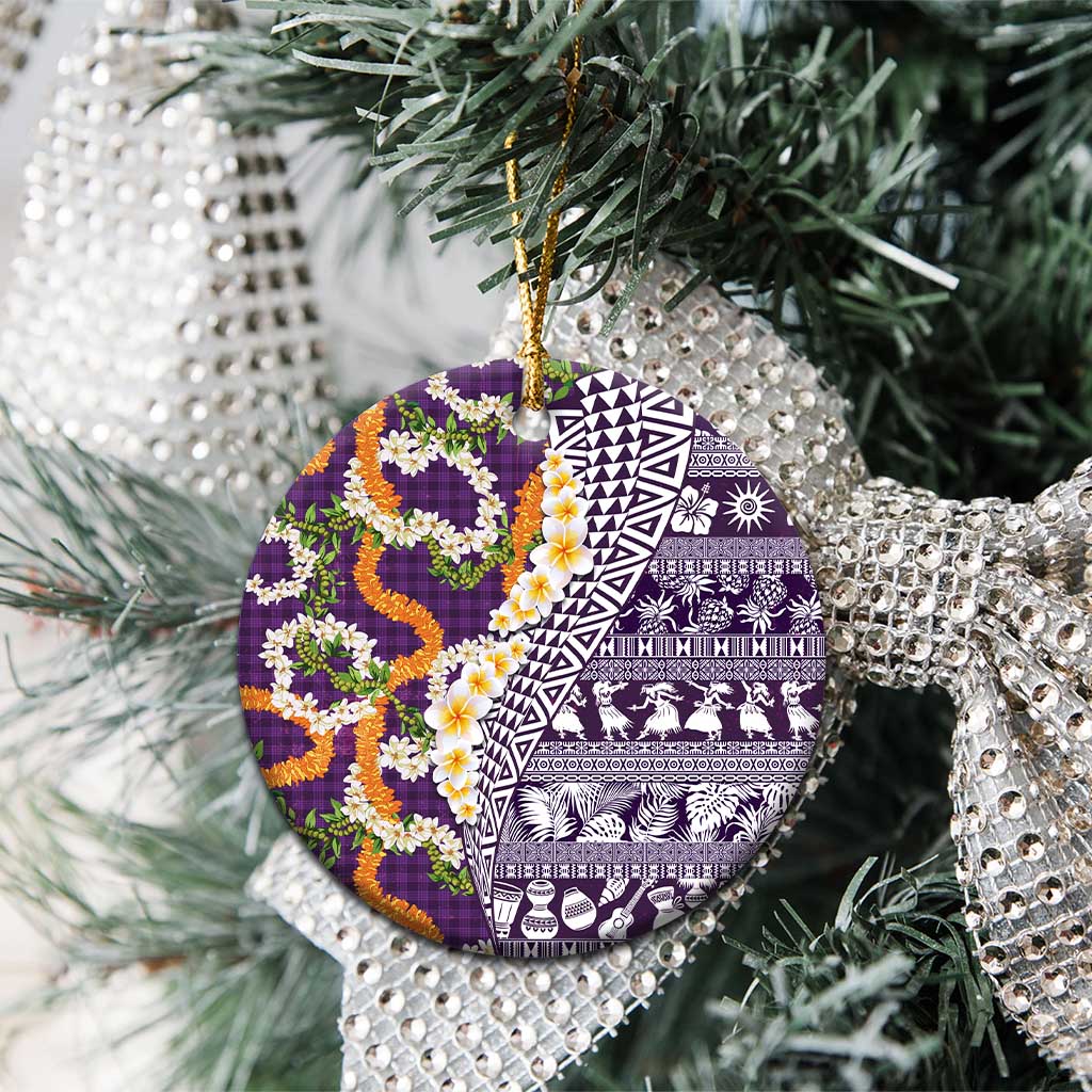 Hawaiian Plumeria Lei Ceramic Ornament Kakau Motifs and Palaka Half Style Purple Color - Polynesian Pride