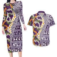 Hawaiian Plumeria Lei Couples Matching Long Sleeve Bodycon Dress and Hawaiian Shirt Kakau Motifs and Palaka Half Style Purple Color - Polynesian Pride