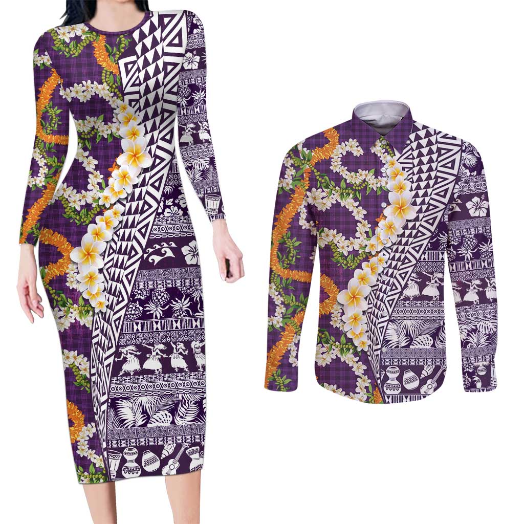 Hawaiian Plumeria Lei Couples Matching Long Sleeve Bodycon Dress and Long Sleeve Button Shirt Kakau Motifs and Palaka Half Style Purple Color - Polynesian Pride