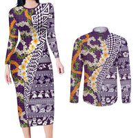 Hawaiian Plumeria Lei Couples Matching Long Sleeve Bodycon Dress and Long Sleeve Button Shirt Kakau Motifs and Palaka Half Style Purple Color - Polynesian Pride