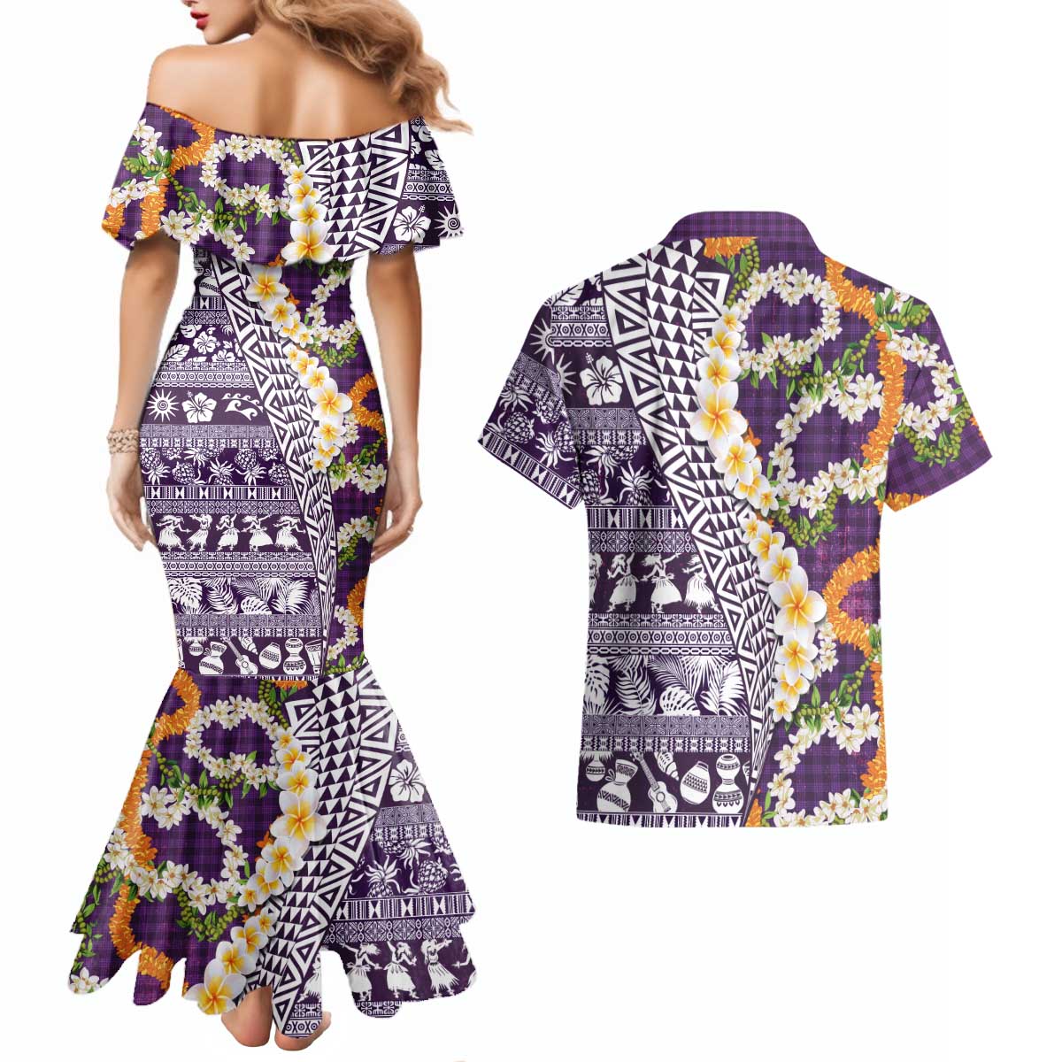 Hawaiian Plumeria Lei Couples Matching Mermaid Dress and Hawaiian Shirt Kakau Motifs and Palaka Half Style Purple Color - Polynesian Pride