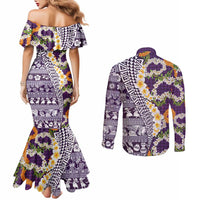 Hawaiian Plumeria Lei Couples Matching Mermaid Dress and Long Sleeve Button Shirt Kakau Motifs and Palaka Half Style Purple Color - Polynesian Pride