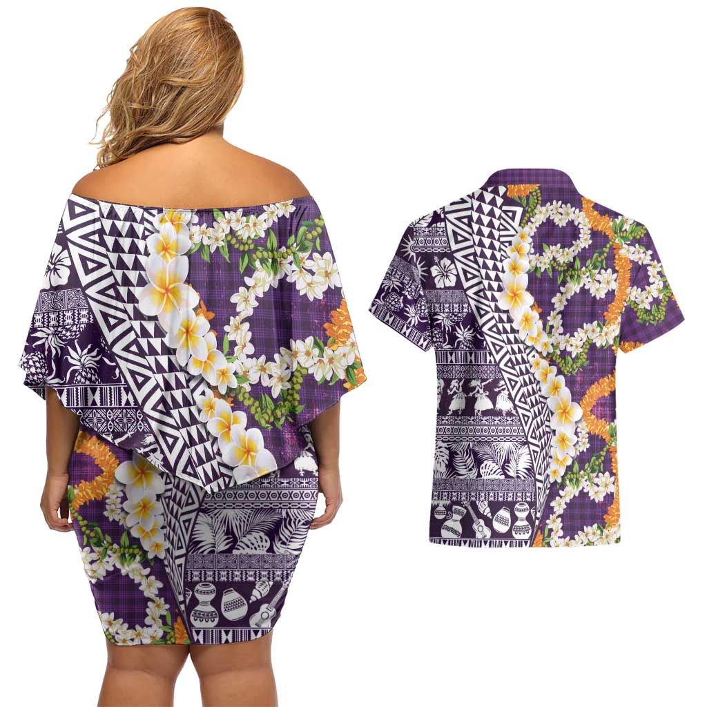 Hawaiian Plumeria Lei Couples Matching Off Shoulder Short Dress and Hawaiian Shirt Kakau Motifs and Palaka Half Style Purple Color - Polynesian Pride