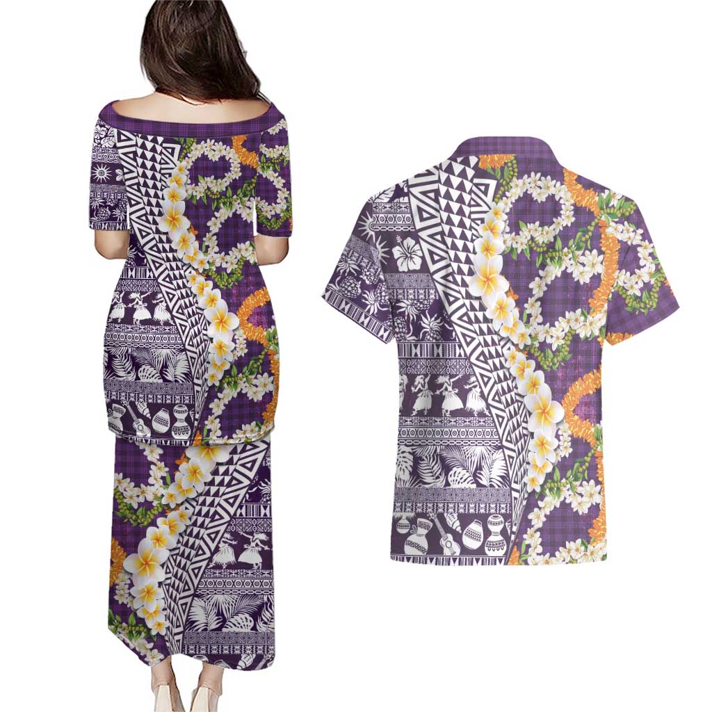 Hawaiian Plumeria Lei Couples Matching Puletasi and Hawaiian Shirt Kakau Motifs and Palaka Half Style Purple Color - Polynesian Pride