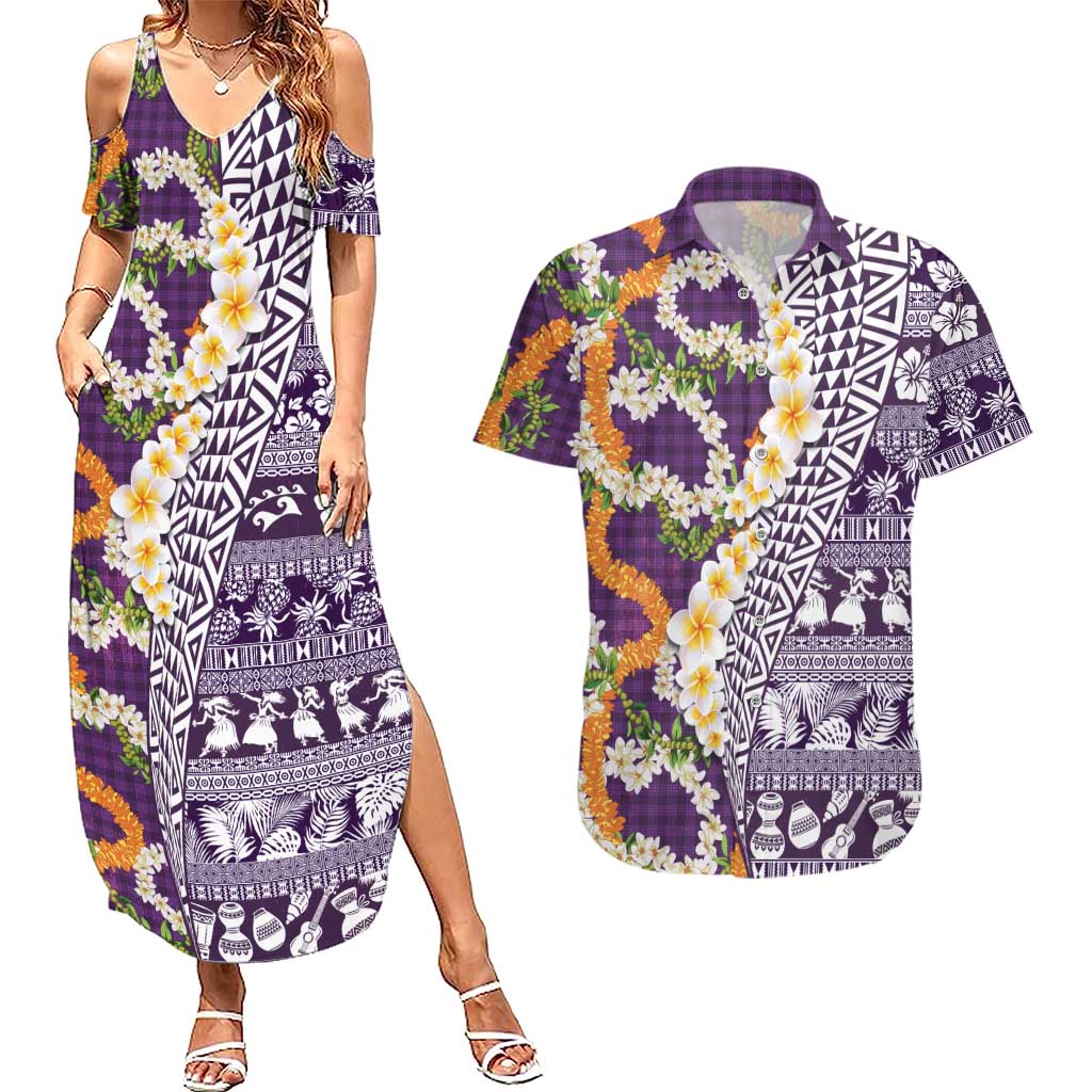 Hawaiian Plumeria Lei Couples Matching Summer Maxi Dress and Hawaiian Shirt Kakau Motifs and Palaka Half Style Purple Color - Polynesian Pride