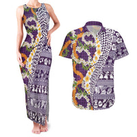 Hawaiian Plumeria Lei Couples Matching Tank Maxi Dress and Hawaiian Shirt Kakau Motifs and Palaka Half Style Purple Color LT03 Purple - Polynesian Pride